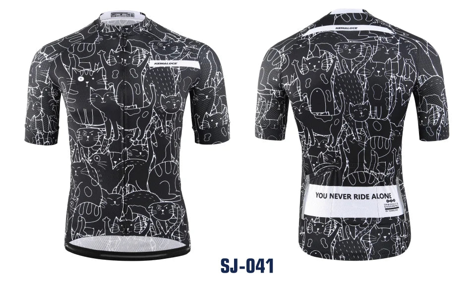 KEMALOCE Unisex Breathable Cycling Jersey – White, Cartoon Cat Pattern, Compression, UV-Protected Cycling Top for Spring and Summer