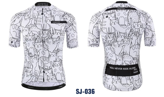 KEMALOCE Uniszex légáteresztő kerékpáros mez – fehér, rajzfilm cica mintás, kompressziós, UV-védett bringás felső tavaszra és nyárra