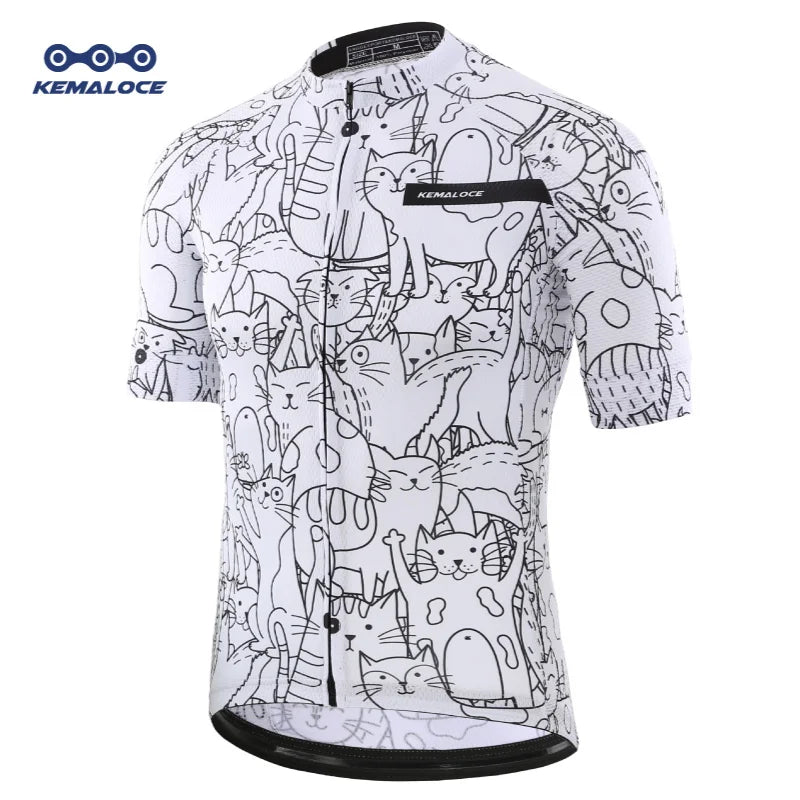 KEMALOCE Unisex Breathable Cycling Jersey – White, Cartoon Cat Pattern, Compression, UV-Protected Cycling Top for Spring and Summer