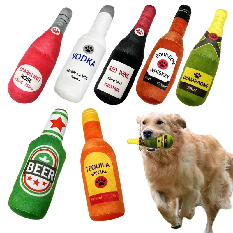 Funny plush dog toy - champagne bottle-shaped, squeaking chew toy for small and larger dogs