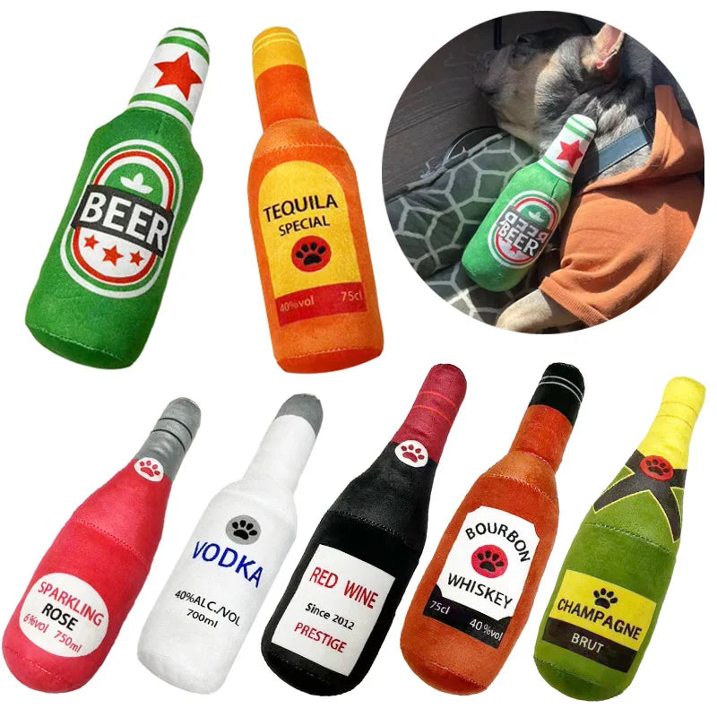 Funny plush dog toy - champagne bottle-shaped, squeaking chew toy for small and larger dogs