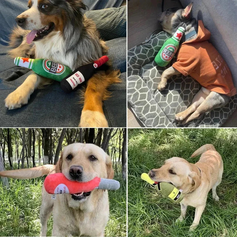 Funny plush dog toy - champagne bottle-shaped, squeaking chew toy for small and larger dogs