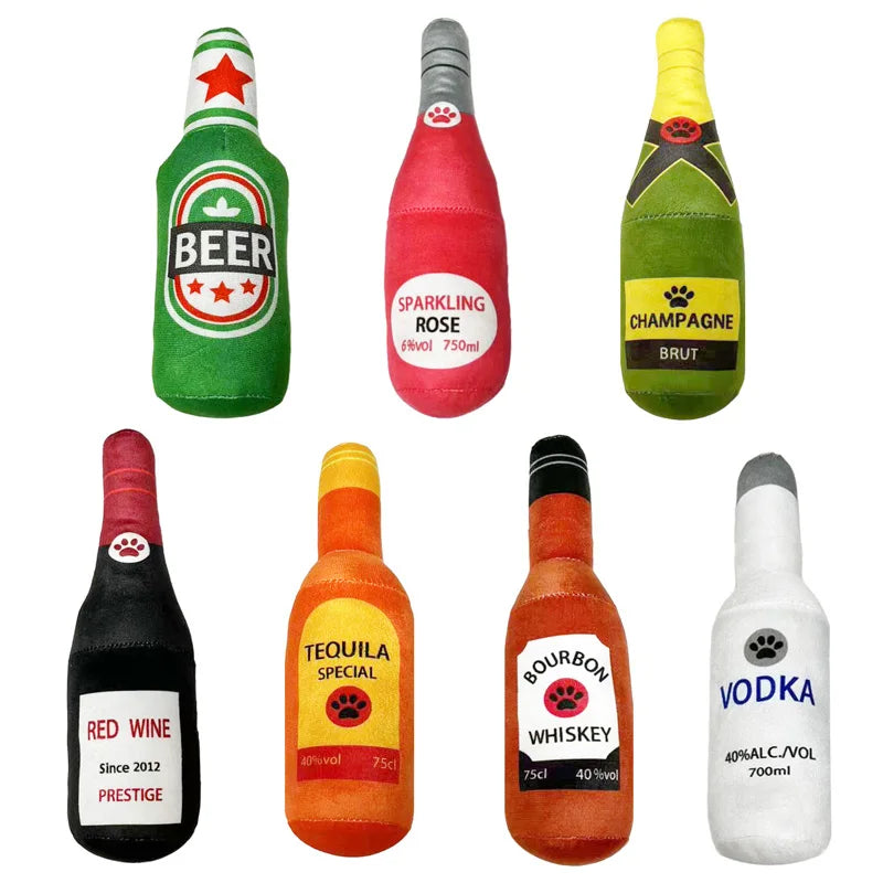 Funny plush dog toy - champagne bottle-shaped, squeaking chew toy for small and larger dogs