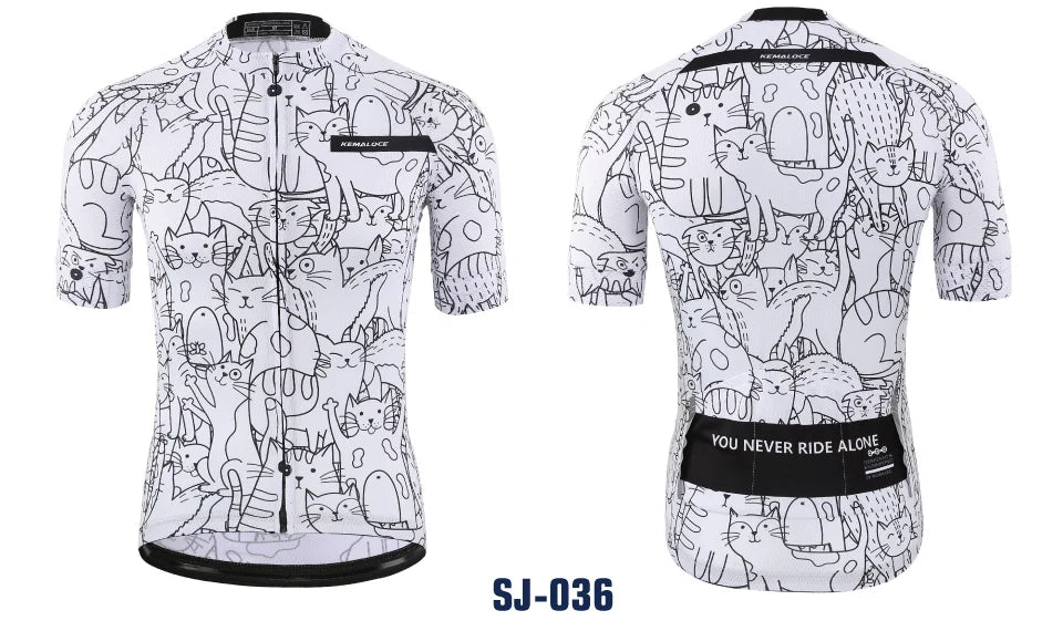 KEMALOCE Unisex Breathable Cycling Jersey – White, Cartoon Cat Pattern, Compression, UV-Protected Cycling Top for Spring and Summer