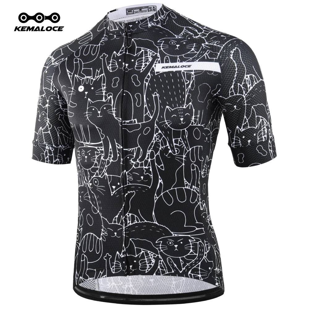 KEMALOCE Unisex Breathable Cycling Jersey – White, Cartoon Cat Pattern, Compression, UV-Protected Cycling Top for Spring and Summer