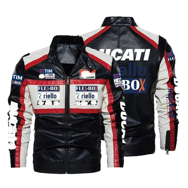 Windproof PU leather jacket for men – biker style, logo printed, spring-autumn color block jacket