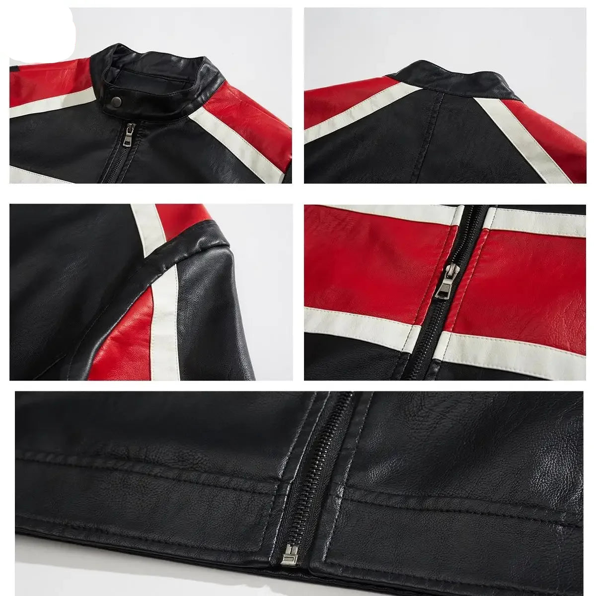 Windproof PU leather jacket for men – biker style, logo printed, spring-autumn color block jacket
