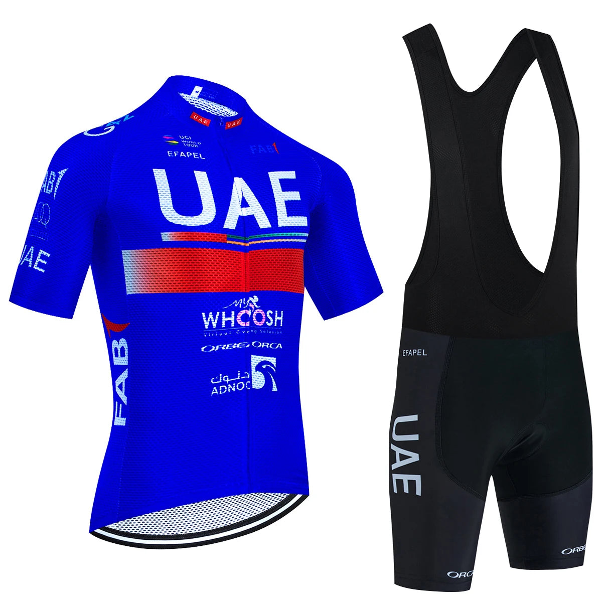 Fekete UAE stílusú férfi kerékpáros mez szett – nyári, légáteresztő, gyorsan száradó országúti és MTB biciklis ruha (GEL betéttel)
