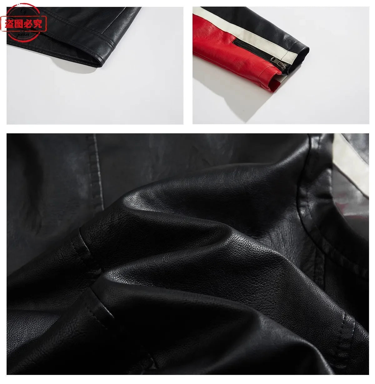 Windproof PU leather jacket for men – biker style, logo printed, spring-autumn color block jacket