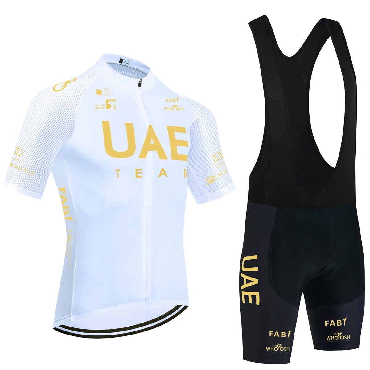 Fekete UAE stílusú férfi kerékpáros mez szett – nyári, légáteresztő, gyorsan száradó országúti és MTB biciklis ruha (GEL betéttel)