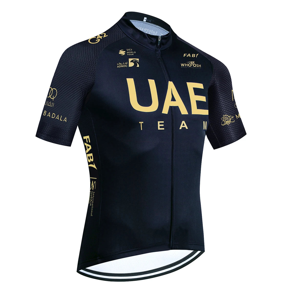 Fekete UAE stílusú férfi kerékpáros mez szett – nyári, légáteresztő, gyorsan száradó országúti és MTB biciklis ruha (GEL betéttel)