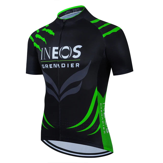 2025 INEOS férfi kerékpáros mez – nyári, rövid ujjú, gyorsan száradó, légáteresztő országúti és MTB kerékpáros felső (19D GEL betéttel, UCI stílus)