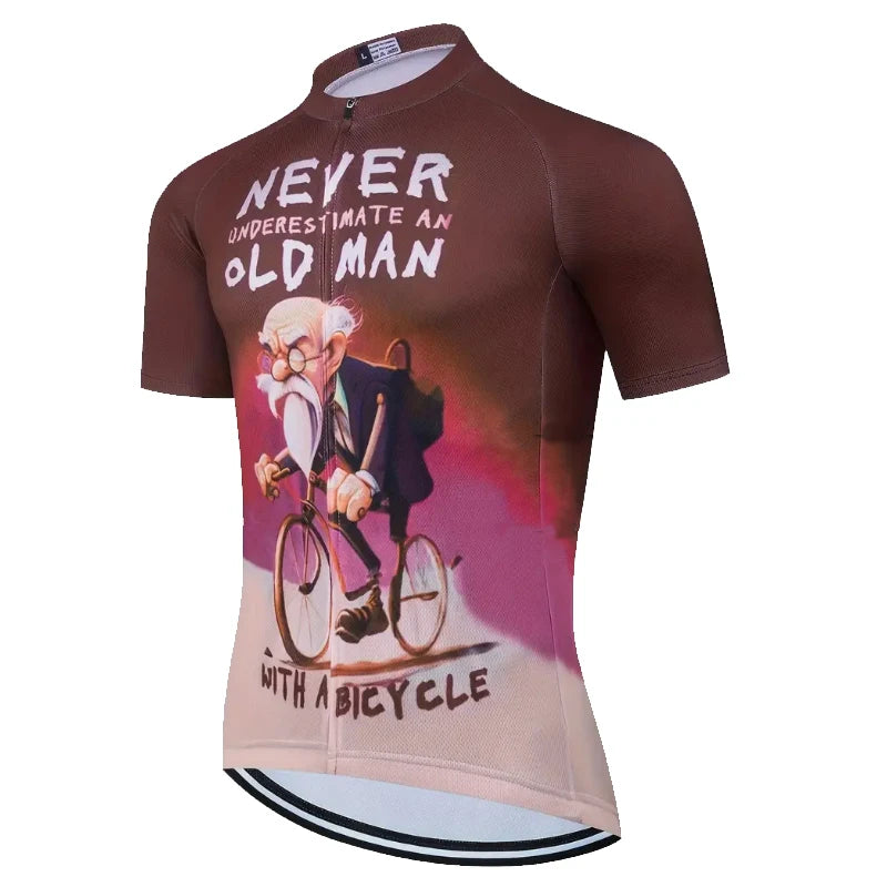 Farebný cyklistický dres NEVER OLD MAN 2025 – letný cyklistický top s krátkym rukávom a zipsom na cestné aj horské bicykle