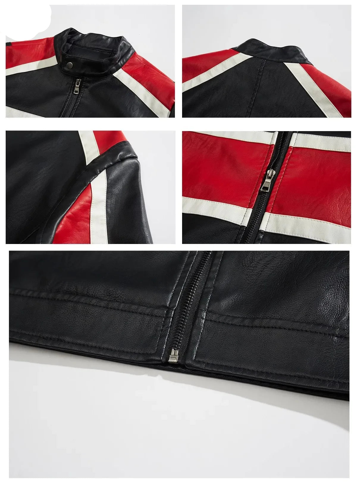 Windproof PU leather jacket for men – biker style, logo printed, spring-autumn color block jacket