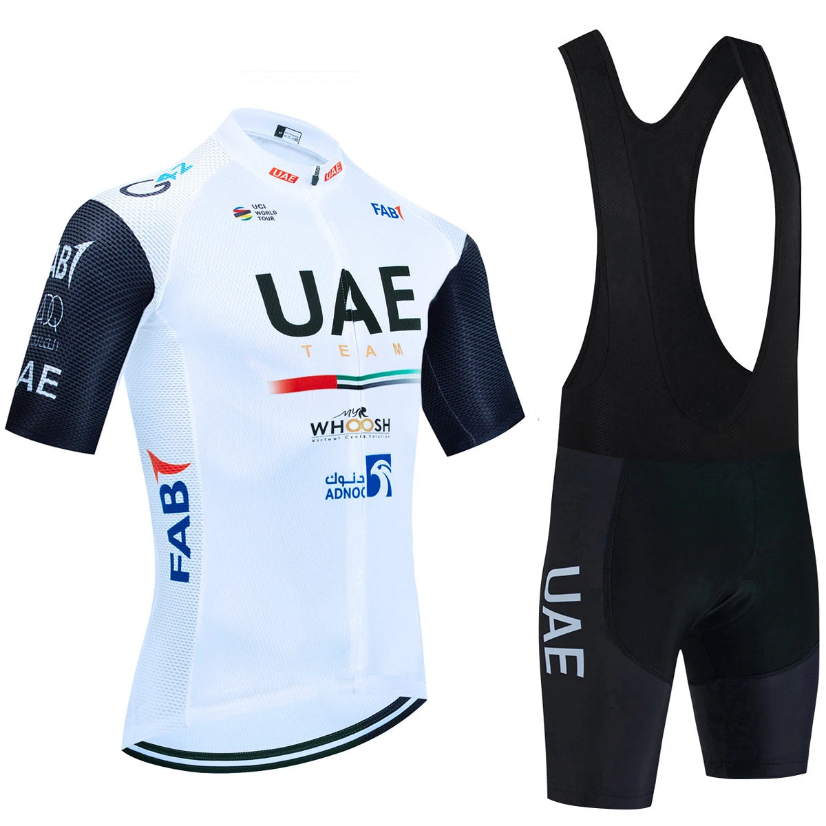 Fekete UAE stílusú férfi kerékpáros mez szett – nyári, légáteresztő, gyorsan száradó országúti és MTB biciklis ruha (GEL betéttel)
