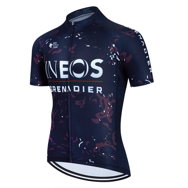 2025 INEOS férfi kerékpáros mez – nyári, rövid ujjú, gyorsan száradó, légáteresztő országúti és MTB kerékpáros felső (19D GEL betéttel, UCI stílus)