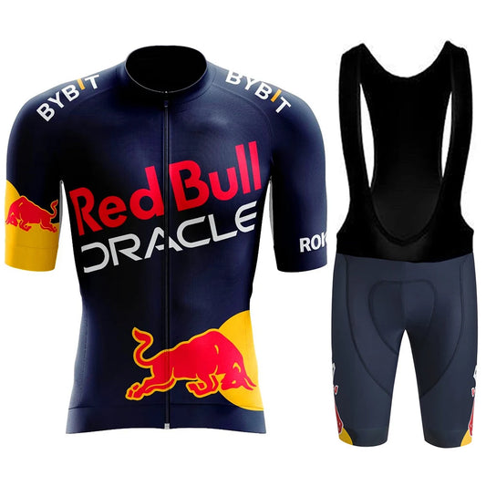 Red Bull férfi kerékpáros mez szett – nyári, rövid ujjú, légáteresztő országúti és MTB kerékpáros ruha, GEL betéttel