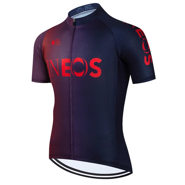 2025 INEOS férfi kerékpáros mez – nyári, rövid ujjú, gyorsan száradó, légáteresztő országúti és MTB kerékpáros felső (19D GEL betéttel, UCI stílus)