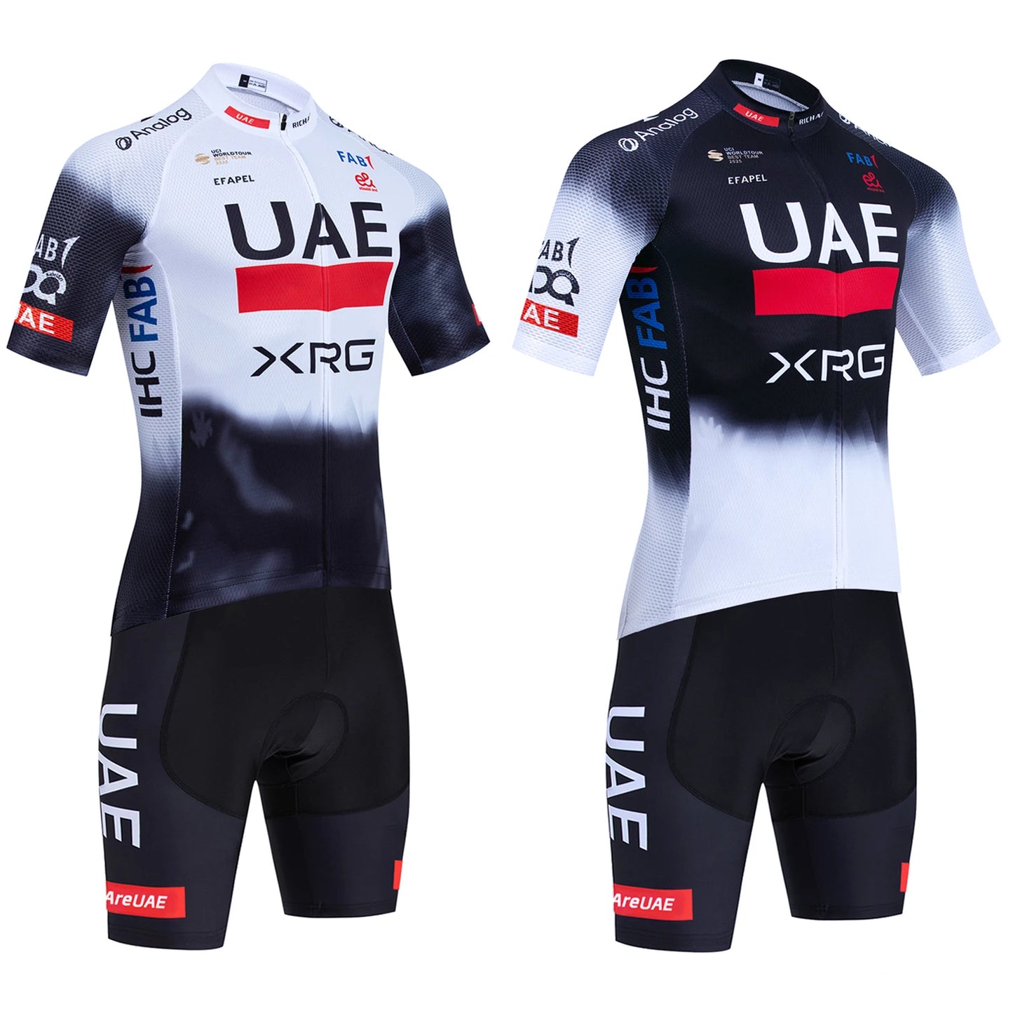 Fekete UAE stílusú férfi kerékpáros mez szett – nyári, légáteresztő, gyorsan száradó országúti és MTB biciklis ruha (GEL betéttel)