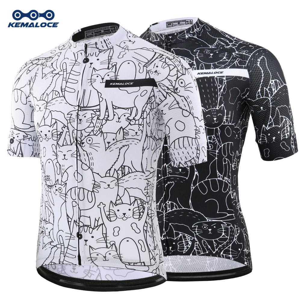 KEMALOCE Unisex Breathable Cycling Jersey – White, Cartoon Cat Pattern, Compression, UV-Protected Cycling Top for Spring and Summer