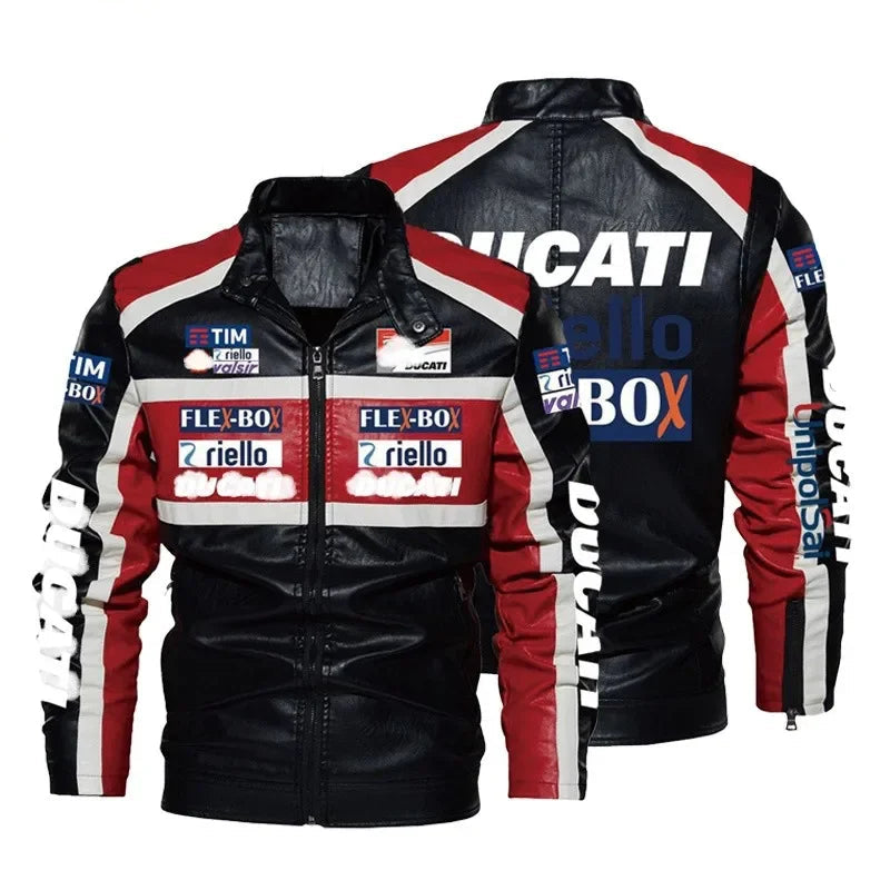 Windproof PU leather jacket for men – biker style, logo printed, spring-autumn color block jacket