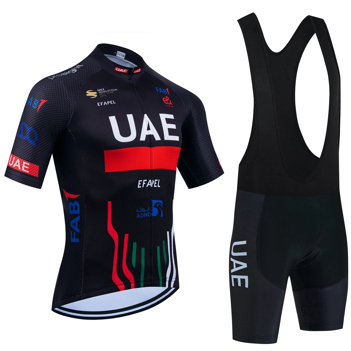 Fekete UAE stílusú férfi kerékpáros mez szett – nyári, légáteresztő, gyorsan száradó országúti és MTB biciklis ruha (GEL betéttel)