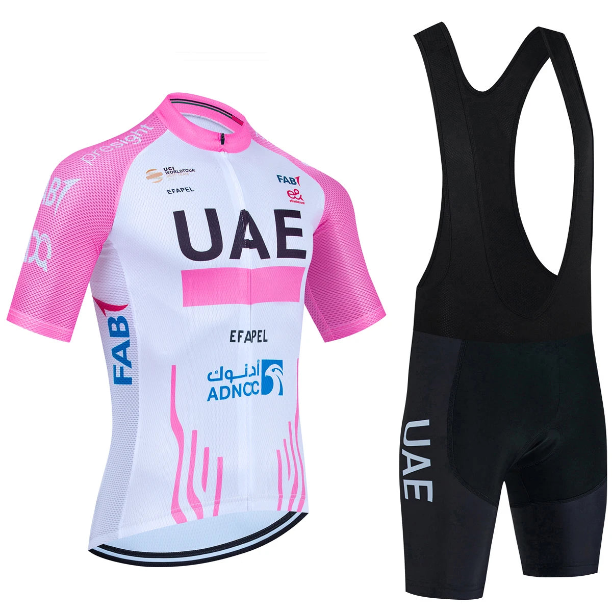 Fekete UAE stílusú férfi kerékpáros mez szett – nyári, légáteresztő, gyorsan száradó országúti és MTB biciklis ruha (GEL betéttel)
