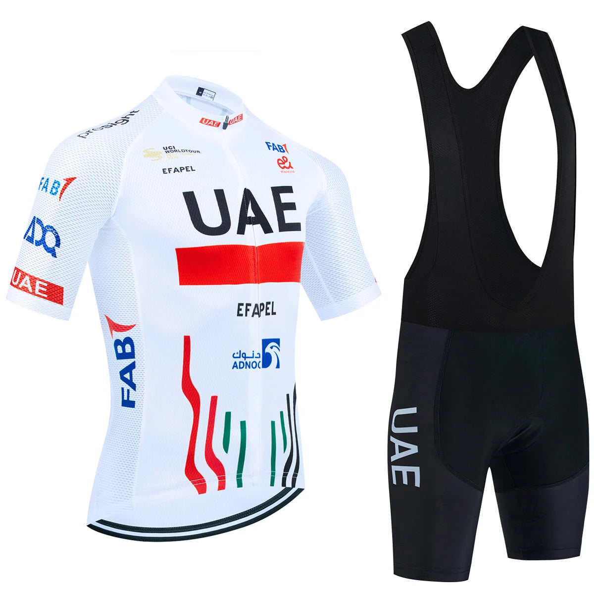 Fekete UAE stílusú férfi kerékpáros mez szett – nyári, légáteresztő, gyorsan száradó országúti és MTB biciklis ruha (GEL betéttel)