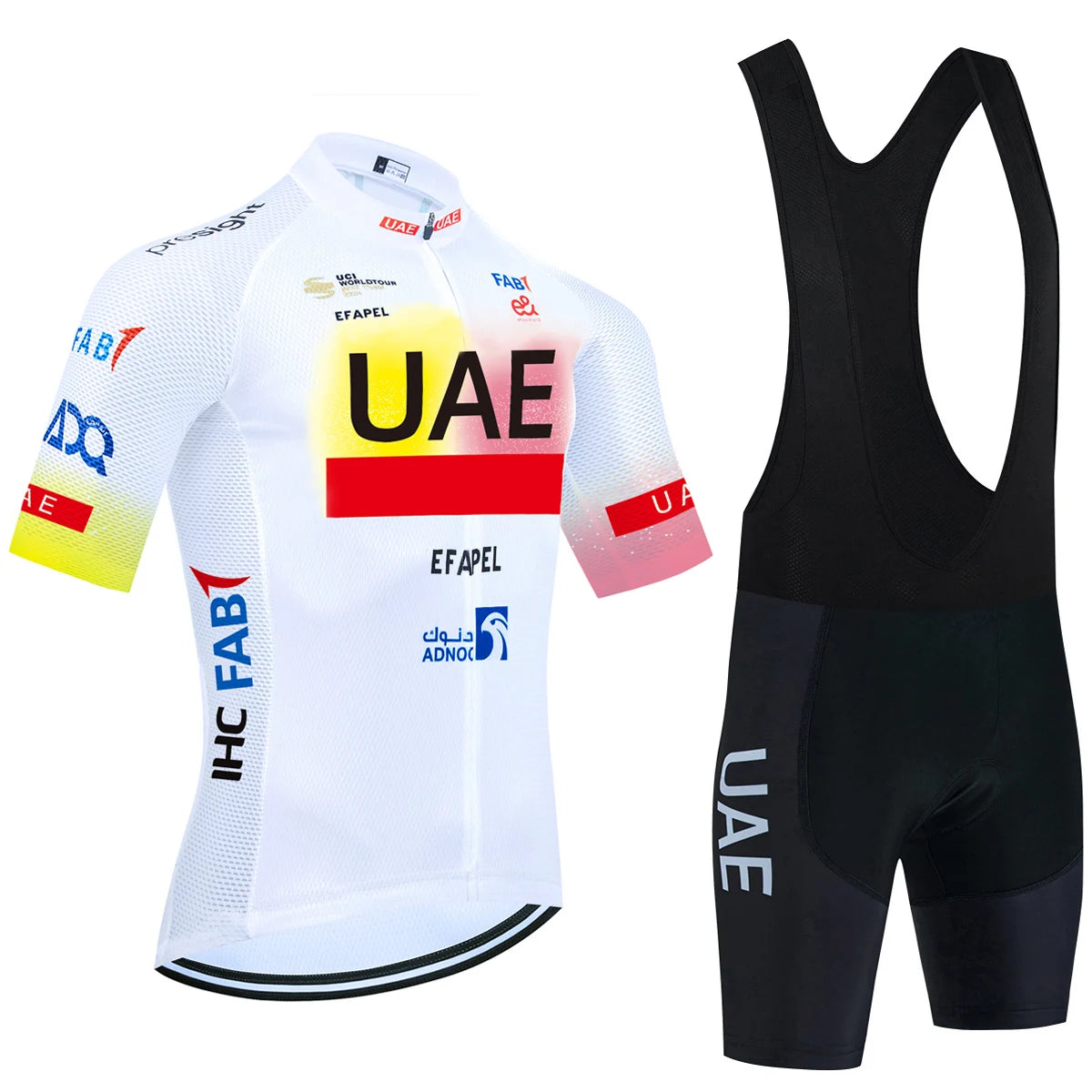 Fekete UAE stílusú férfi kerékpáros mez szett – nyári, légáteresztő, gyorsan száradó országúti és MTB biciklis ruha (GEL betéttel)