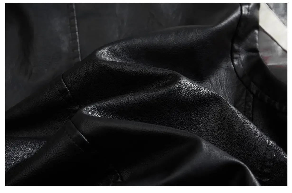 Windproof PU leather jacket for men – biker style, logo printed, spring-autumn color block jacket