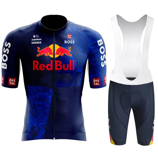 Red Bull férfi kerékpáros mez szett – nyári, rövid ujjú, légáteresztő országúti és MTB kerékpáros ruha, GEL betéttel