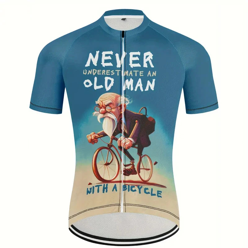 Farebný cyklistický dres NEVER OLD MAN 2025 – letný cyklistický top s krátkym rukávom a zipsom na cestné aj horské bicykle