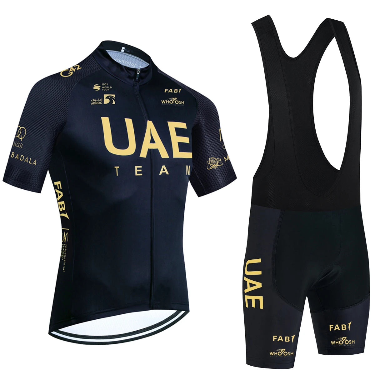 Fekete UAE stílusú férfi kerékpáros mez szett – nyári, légáteresztő, gyorsan száradó országúti és MTB biciklis ruha (GEL betéttel)
