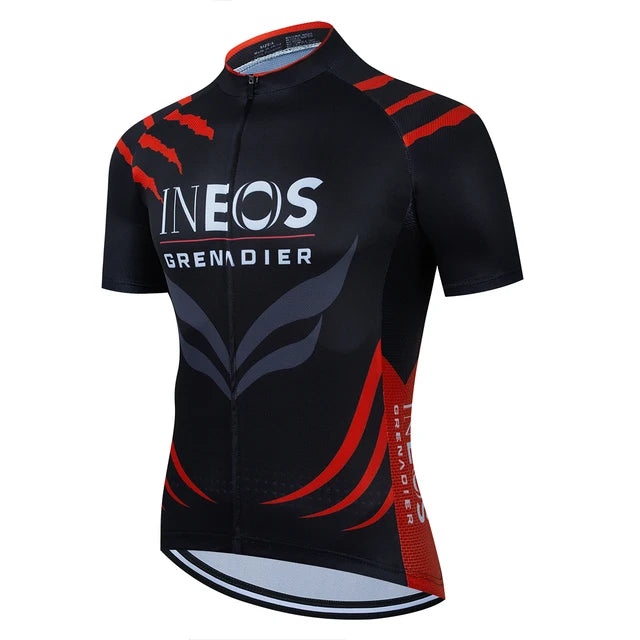 2025 INEOS férfi kerékpáros mez – nyári, rövid ujjú, gyorsan száradó, légáteresztő országúti és MTB kerékpáros felső (19D GEL betéttel, UCI stílus)