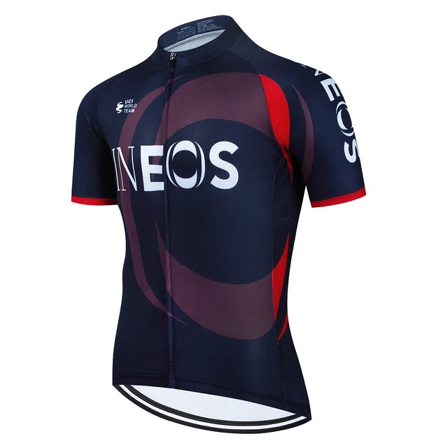 2025 INEOS férfi kerékpáros mez – nyári, rövid ujjú, gyorsan száradó, légáteresztő országúti és MTB kerékpáros felső (19D GEL betéttel, UCI stílus)