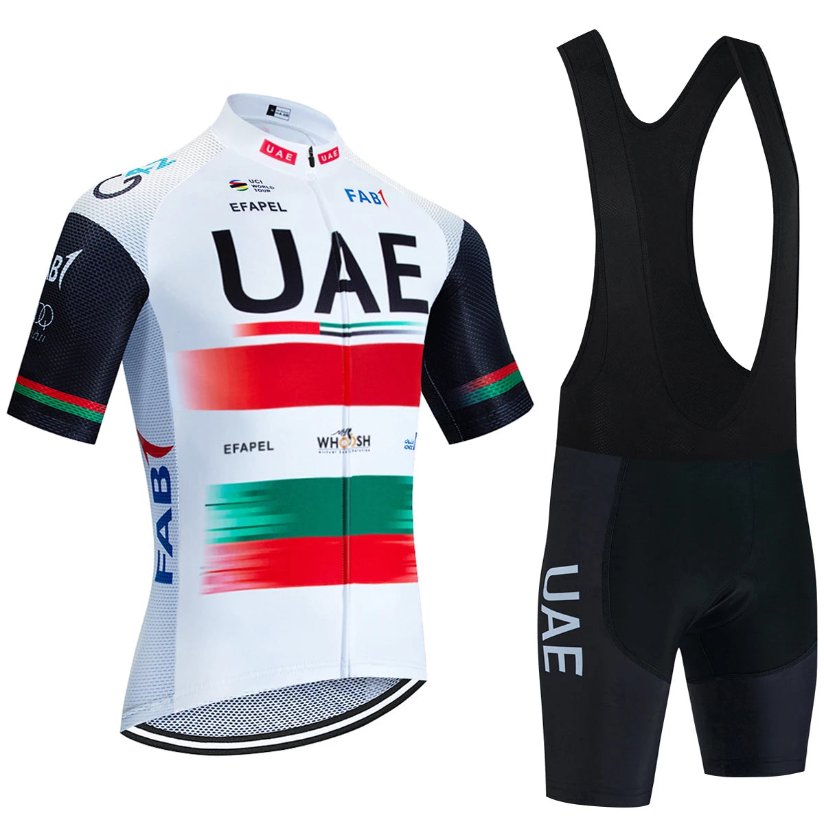 Fekete UAE stílusú férfi kerékpáros mez szett – nyári, légáteresztő, gyorsan száradó országúti és MTB biciklis ruha (GEL betéttel)