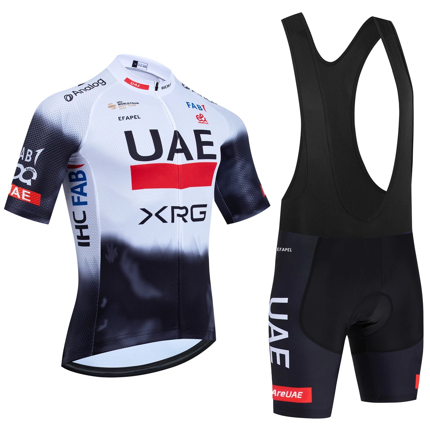Fekete UAE stílusú férfi kerékpáros mez szett – nyári, légáteresztő, gyorsan száradó országúti és MTB biciklis ruha (GEL betéttel)